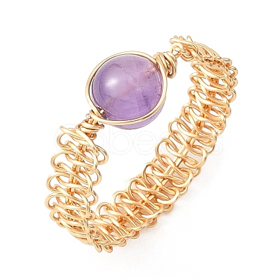 Copper Wire Wrapped Natural Gemstone Braided Bead Rings for Women RJEW-JR00951-1