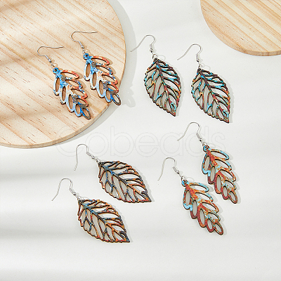 4 Pairs 4 Style Wood Hollow Leaf Dangle Earrings EJEW-FI0001-95-1