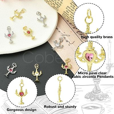 8Pcs 4 Styles Brass Micro Pave Cubic Zirconia Pendants KK-CJ0004-23-1