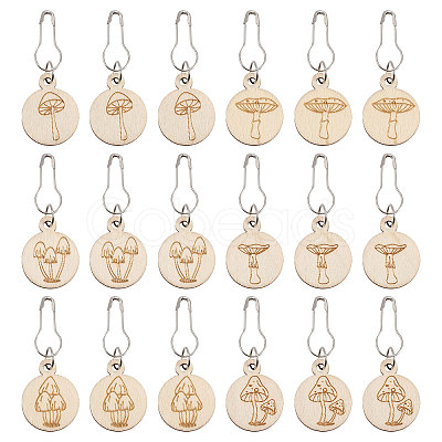 BENECREAT 3 Bags Mushroom Pattern Flat Round Wooden Charm Locking Stitch Markers HJEW-BC0001-49-1