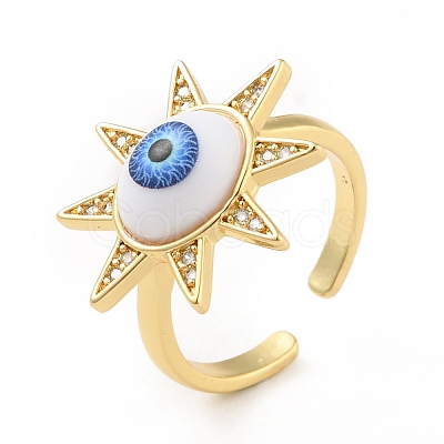 Cubic Zirconia Sun with Evil Eye Open Cuff Ring with Acrylic RJEW-B042-09G-02-1