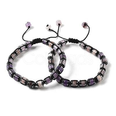 Adjustable Natural Amethyst and Non-magnetic Synthetic Hematite Braided Bead Bracelets BJEW-Z090-01H-1