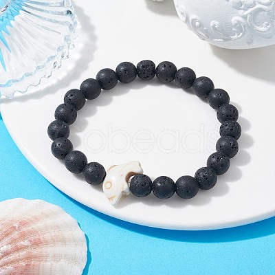 Synthetic Turquoise Dolphin & Lava Rock Beaded Stretch Bracelet BJEW-JB09838-01-1