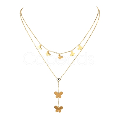 304 Stainless Steel Crystal Rhinestone Butterfly Pendant Double Layer Necklaces for Women NJEW-B083-01G-1