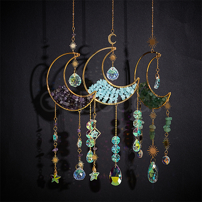 1Pc Alloy & Natural Gemstone Chips Moon Hanging Ornaments HJEW-BBC0001-17C-1