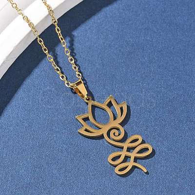 304 Stainless Steel Hollow Cut Yoga Om Lotus Flower Pendant Necklaces NJEW-Z073-02G-02-1