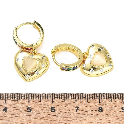 Brass Micro Pave Cubic Zirconia and Cat Eye Beads Heart Hoop Dangle Earrings KK-CBAD9DF-01G-1