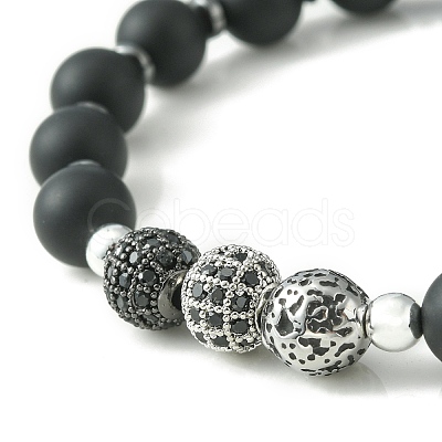 Natural Black Agate & Synthetic Hematite & Cubic Zirconia Round Beaded Stretch Bracelet BJEW-JB09442-1