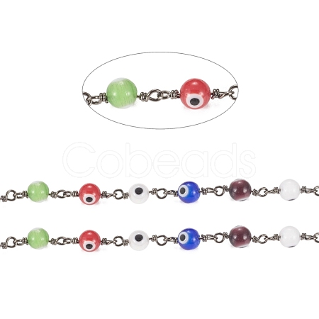 3.28 Feet Handmade Evil Eye Lampwork Round Beaded Chains X-CHC-G009-B-B04-1