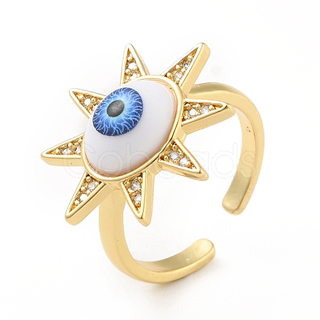 Cubic Zirconia Sun with Evil Eye Open Cuff Ring with Acrylic RJEW-B042-09G-02-1