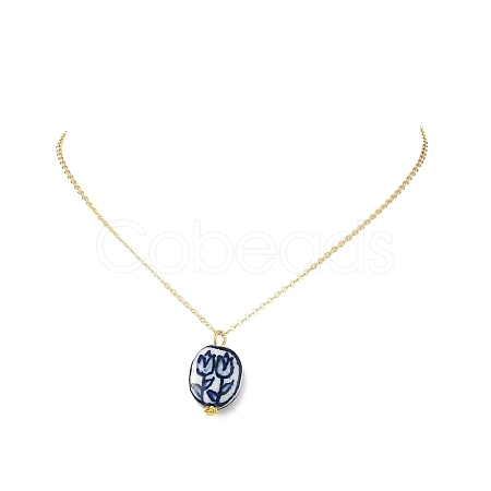 Handmade Porcelain White and Blue Floral Oval Pendant Brass Cable Chain Necklaces for Women NJEW-JN05675-1