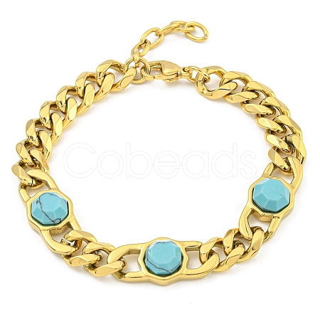 304 Stainless Steel & Synthetic Turquoise Polygon Link Bracelets for Women BJEW-G717-16G-03-1