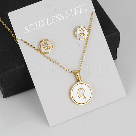 304 Stainless Steel with Natural Shell Pendant Necklaces & Stud Earrings Sets FS-WG5FD70-17-1