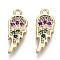 Brass Micro Cubic Zirconia Charms, Nickel Free, Real 18K Gold Plated, Wing, Colorful, 14.5x6x1.5mm, Hole: 1.2mm