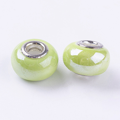 Rondelle Green Yellow Handmade Porcelain Large Hole European Beads X-OPDL-G001-13-1