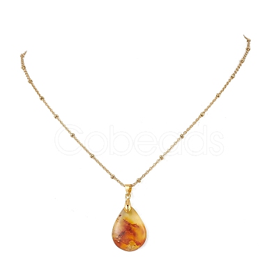 Natural Amber Teardrop Pendant 304 Stainless Steel Satellite Chain Necklaces NJEW-JN05983-01-1