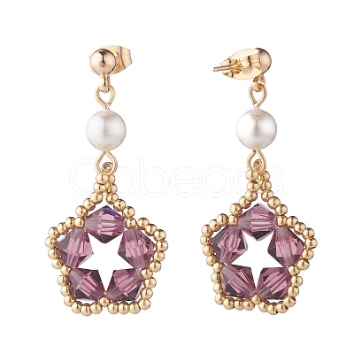 Pentagon and Shell Pearl Dangle Stud Earrings EJEW-TA00056-03-1