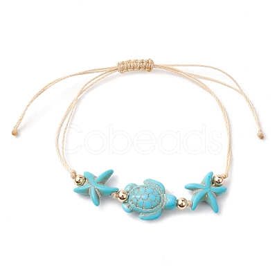 4Pcs 4 Styles Synthetic Turquoise Braided Starfish & Tortoise Beaded Bracelets for Women BJEW-JB10201-1