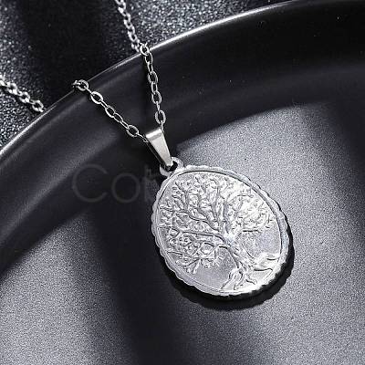 Oval Tree of Life 304 Stainless Steel Pendant Necklaces NJEW-M096-10P-1