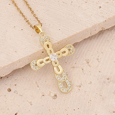 Brass Micro Pave Cubic Zirconia Cross Pendant Necklaces FS-WG7675B-02-1
