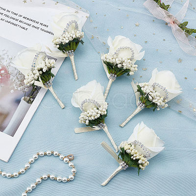 Cloth Rose Flower Boutonniere Brooch with Rhinestone LS-AJEW-WH0258-294C-1