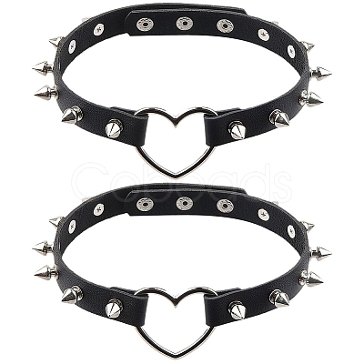 2Pcs Adjustable Gothic PU Leather Alloy Heart Spike Rivet Heart Choker Necklaces for Women NJEW-CL0001-17A-1