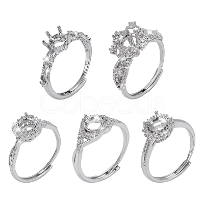 5Pcs 5 Styles Adjustable Brass Micro Pave Clear Cubic Zirconia Ring Components KK-WR0001-86-1
