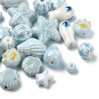 24Pcs 12 Styles Blue Color Theme Glazed Porcelain Beads PORC-YW0001-40-1