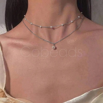 Double-Layer Alloy & Round Imitation Pearl Pendant Necklaces for Women WH-WG6F145-01-1