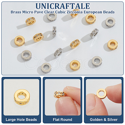 16Pcs 2 Colors Brass Micro Pave Clear Cubic Zirconia European Beads OPDL-UN0001-08-1