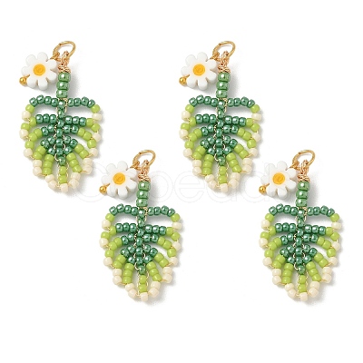 Glass Seed Beaded Leaf Pendants PALLOY-MZ00924-1