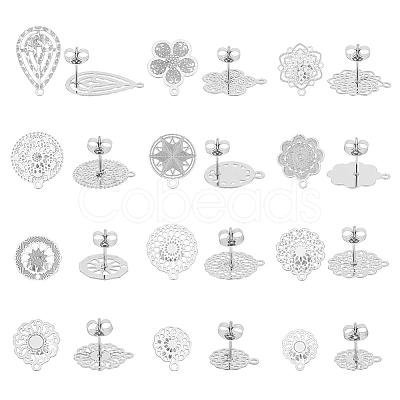 24Pcs 12 Style Filigree Flower & Flat Round & Teardrop 304 Stainless Steel Stud Earring Findings STAS-UN0047-98-1