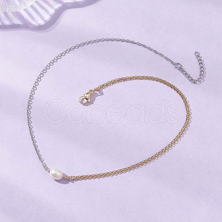 Natural Cultured Freshwater Pearl Rice Pendant 304 Stainless Steel Cable Chain Double Layer Necklaces X-NJEW-JN05682-1
