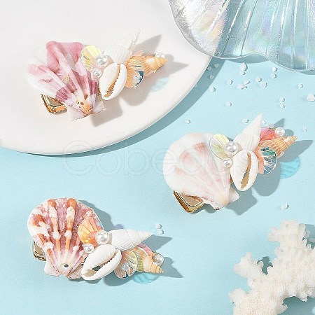 Natural Shell & Shell Pearl & PVC & Iron Alligator Hair Clips PHAR-TA000005-1