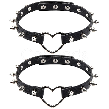2Pcs Adjustable Gothic PU Leather Alloy Heart Spike Rivet Heart Choker Necklaces for Women NJEW-CL0001-17A-1