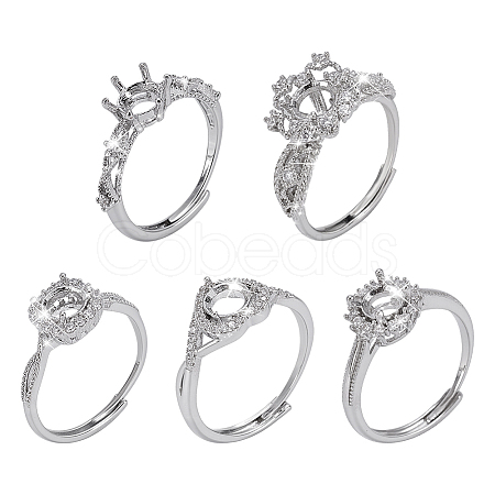 5Pcs 5 Styles Adjustable Brass Micro Pave Clear Cubic Zirconia Ring Components KK-WR0001-86-1