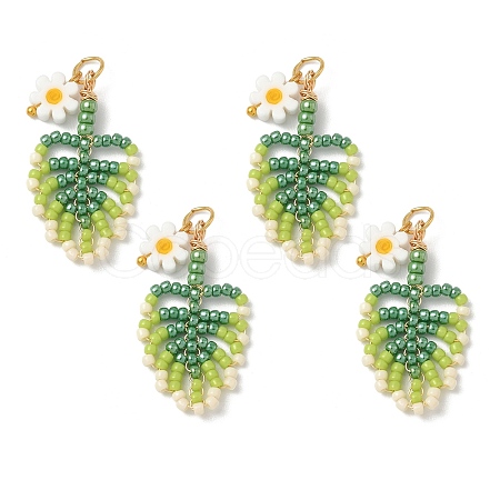 Glass Seed Beaded Leaf Pendants PALLOY-MZ00924-1