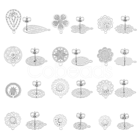 24Pcs 12 Style Filigree Flower & Flat Round & Teardrop 304 Stainless Steel Stud Earring Findings STAS-UN0047-98-1