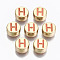 Alloy Enamel Beads, Cadmium Free & Lead Free, Flat Round with Initial Letters, Light Gold, Light Salmon, Letter.H, 8x4mm, Hole: 1.5mm