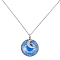 Steel Blue Glass Flat Round & Alloy Pendant Necklace, with 304 Stainless Steel Chains, Moon, 18.35 inch(46.6cm)