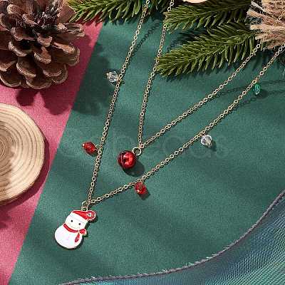 Christmat Bell & Snowman Alloy Red Enamel Pendant Necklaces NJEW-JN05115-1