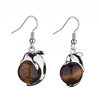 Natural Tiger Eye Dolphin Dangle Earrings with Crystal Rhinestone EJEW-A092-20P-17-1