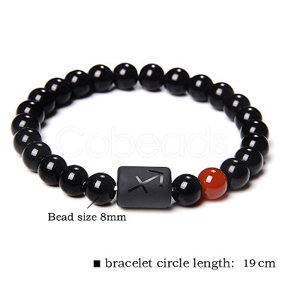 12 Constellations Protetion Natural Carnelian & Black Obsidian Round Beads Stretch Bracelets for Men Women WG083ED-01-1