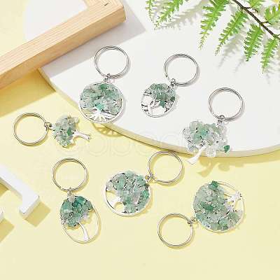 Natural Green Aventurine Chip & Alloy Tree of Life Pendant Keychain KEYC-JKC00648-02-1