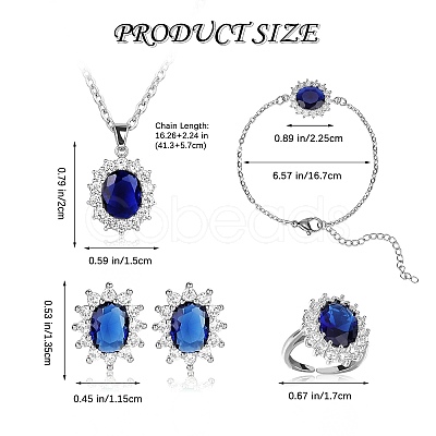 Cubic Zirconia Oval Pendant Necklace & Link Bracelet & Cuff Ring & Stud Earrings SJEW-SZC0001-01C-1