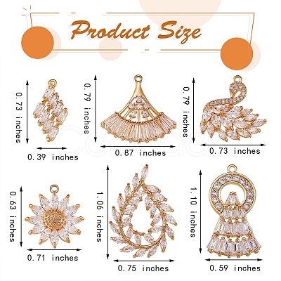 6Pcs 6 Style Brass Micro Pave Clear Cubic Zirconia Pendants KK-SZ0005-43-1