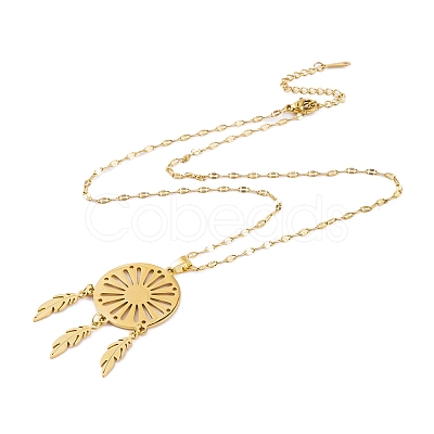 Woven Net/Web with Feather 201 Stainless Steel Boho Pendant Necklaces for Women NJEW-G087-05G-1