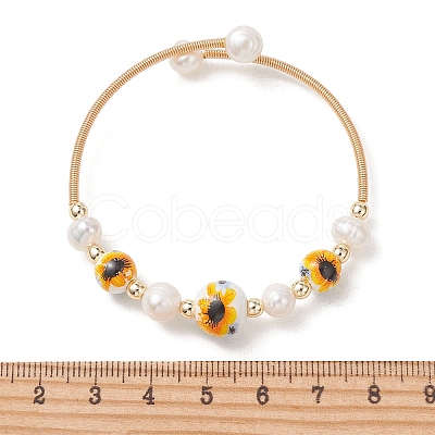 Handmade Porcelain & Natural Cultured Freshwater Pearl & Non-magnetic Synthetic Hematite Beaded Cuff Bangles for Women BJEW-JB14022-02-1