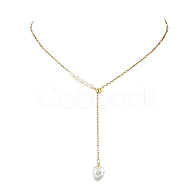 Adjustable Natural Baroque Keshi Pearl Heart Pendant 304 Stainless Steel Cable Chain Y Shaped Lariat Necklaces for Women NJEW-JN06095-1