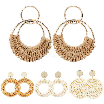 4 Pairs 4 Styles Rattan Dangle Stud Earrings EJEW-SP0001-16D-1